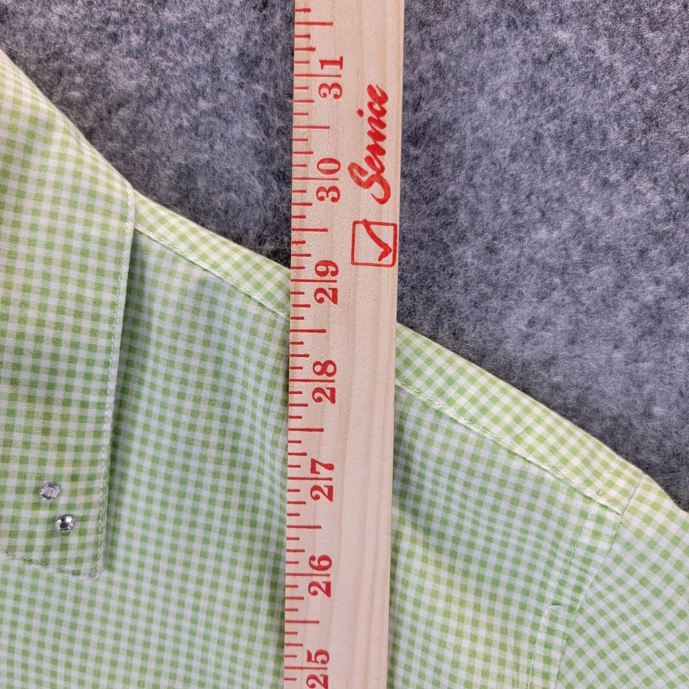 Las Olas Shirt Womens M Green Gingham Embroidered Frog Button Up Short Sleeve - Picture 11 of 12